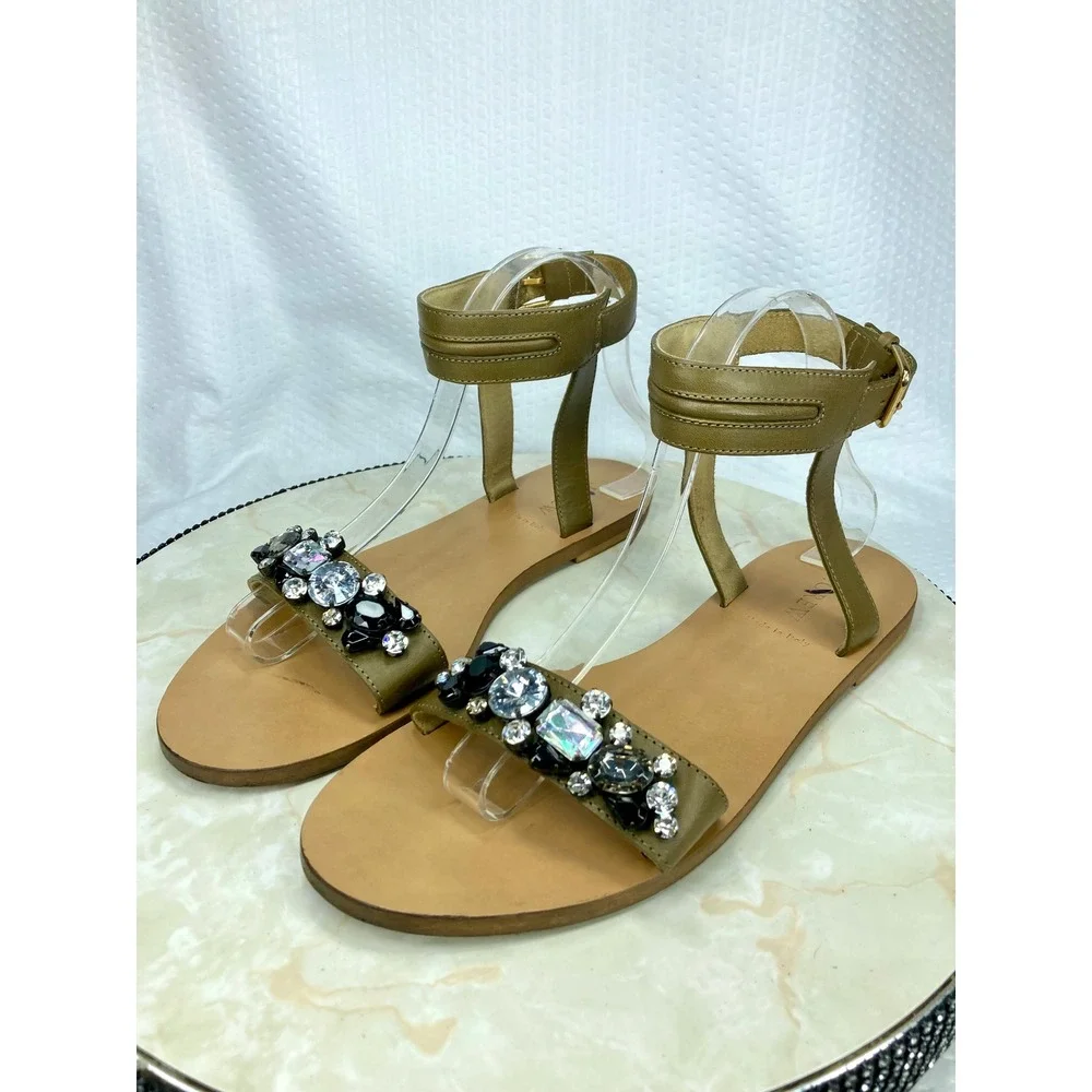 J. Crew Jeweled Ankle Strap Flat Sandals Womens 9.5 Olive Green Leather Summer